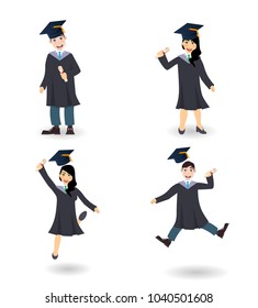 A young graduate man and woman with certificate or diploma scroll. Set of cartoon charcters illustration