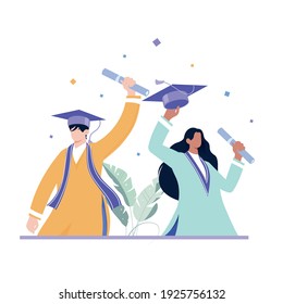 A young graduate man and woman with certificate illustration. Education illustration design. Character illustration design 