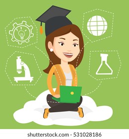 Young graduate sitting on cloud with laptop on knees. Graduate using cloud computing technologies. Concept of educational technology and cloud computing. Vector flat design illustration. Square layout