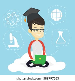 Joven graduado sentado en la nube con una laptop de rodillas. Graduado usando tecnologías de computación en la nube. Concepto de tecnología educativa y computación en nube. Ilustración de diseño plana vectorial. Diseño cuadrado