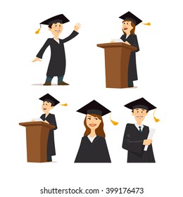 young graduate student, cartoon character, graduation, education people successful students knowledge, school, university, college, vector illustration, set