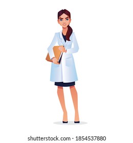 Young graduate student, doctor, nurse, veterinarian with documents in hands in white cloak isolated. Vector woman practitioner or surgeon, smiling physician, professional specialist, medical support