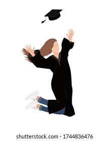 Young graduate student girl in graduation gown jumping and throwing the mortarboard high into the air. Flat vector illustration isolated on white.
