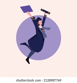 Young graduate student girl and graduation gown jumping and throwing the mortarboard high into the air. Flat vector illustration 