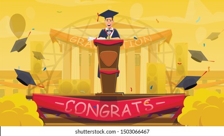 Young Graduate Student Giving Speech At Tribune Flat Cartoon Banner Vector Illustration. Cartoon Happy Character, Graduation, Education At University, College. Tossing Caps In Air.