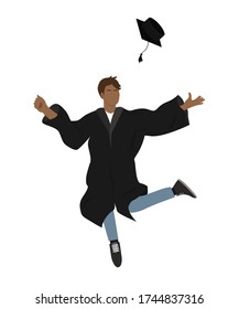 Young graduate student in graduation gown jumping and throwing the mortarboard high into the air. Flat vector illustration isolated on white.