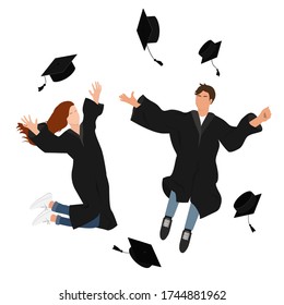Young graduate students girl and guy in graduation gown jumping and throwing the mortarboard high into the air. Flat vector illustration isolated on white.