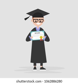 Young graduate wearing a black robe and holding a diploma certificate. Graduation. Flat editable vector illustration, clip art