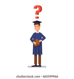 Young graduated bachelor standing and questioning asking himself about his future career and business. Modern flat style concept vector illustration isolated on white background.