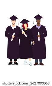 Young graduates in caps and gowns holding diplomas. University friends. Vector Not AI generated