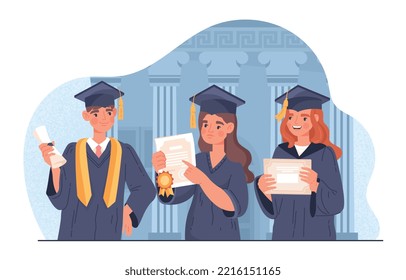 Young graduates concept. Man and woman with diplomas. Guy and girls have successfully completed their training. Talented beginners. Poster or banner for website. Cartoon flat vector illustration