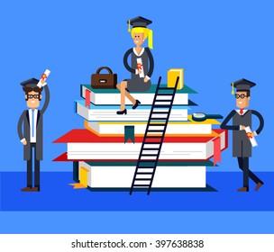 Young graduates in different poses woman and man. Education concept. A huge stack of books, achieving knowledge. Successful completion of an educational institution.