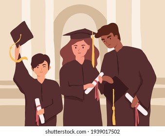 Young graduates holding diplomas during college graduation. Diverse students in caps and gowns. Multiracial university friends. Colored flat vector illustration of people with bachelor's degrees