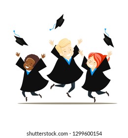 Young graduates rejoice and throw their hats. Vector illustration.