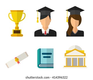Young graduates student in graduation cap and ceremony robe and graduation icons