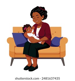 Young grand mother holding baby girl in had and sitting on sofa vector