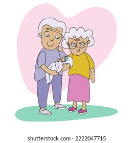 Young grandparents. Grandaddy hold newborn on his hands. Grandmum hug her husbant