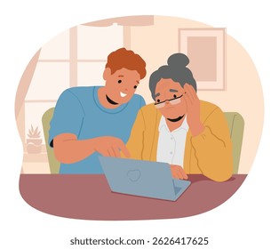 Young grandson teaching his old grandmother to use laptop and internet technology cartoon scene. Boy showing how browsing on internet, sending mails, chatting in social network vector illustration
