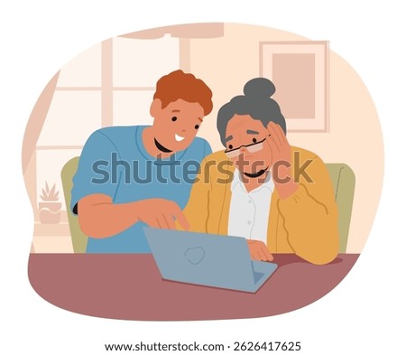 Young grandson teaching his old grandmother to use laptop and internet technology cartoon scene. Boy showing how browsing on internet, sending mails, chatting in social network vector illustration
