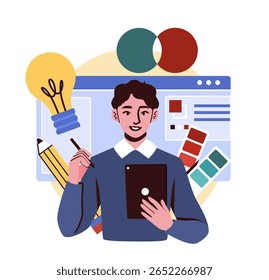 Young graphic designer holding a tablet and stylus, surrounded by UI design elements, color swatches, and light bulb on white background. Concept of creativity. Vector illustration