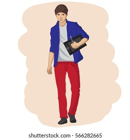Young graphic designer keeps digital graphics tablet and pen. Vector flat design illustration