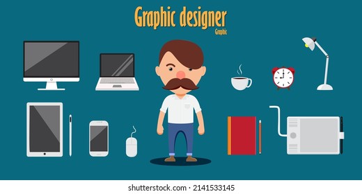 Young graphic designer man with equipment in work in cartoon style, vector illustration