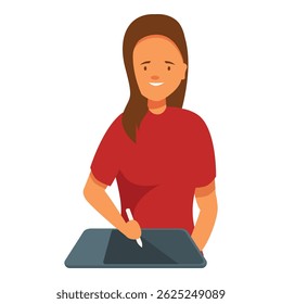 Young graphic designer is using a digital pen and tablet, enjoying her work