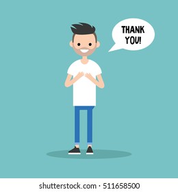 Young grateful bearded man says "Thank you" / flat editable vector illustration