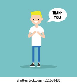 Young grateful blond boy says "Thank you" / flat editable vector illustration