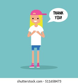 Young grateful blond girl says "Thank you" / flat editable vector illustration