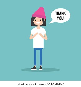 Young grateful brunette girl says "Thank you" / flat editable vector illustration