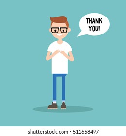 Young grateful nerd says "Thank you" / flat editable vector illustration