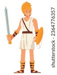 Young greek hero of mythology Perseus holding a sword and a golden shield, he wears golden helmet, toga, belt, bracelets and sandals.
