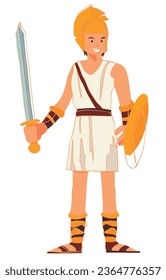 Young greek hero of mythology Perseus holding a sword and a golden shield, he wears golden helmet, toga, belt, bracelets and sandals.