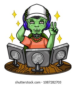 Young green alien teenager programer use computer internet doing work also play game show peace. Vector modern style creative cartoon character design icon. Isolated on white background.