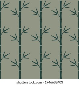 Young green bamboo stems with leaves on light green square background seamless pattern