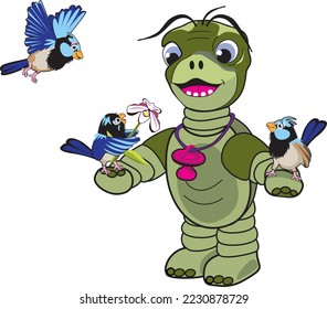 Young green cartoon turtle playing with blue fairy-wren birds. 