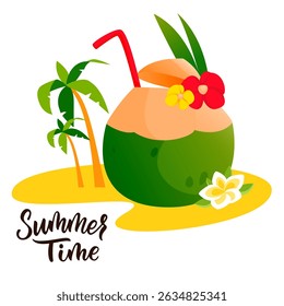 Young green coconut cocktail in shell and palms on sand beach. Vector flat cartoon illustration for beach bar label, logo. Summer party banner, poster, drinks menu design elements