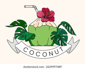 Young green coconut drink with monstera leaves and hibiscus flowers illustrated in vintage line art style, perfect for summer beach holiday themes. Perfect for summer cards, posters, websites