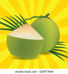 Young green coconut on sun backgrounds 