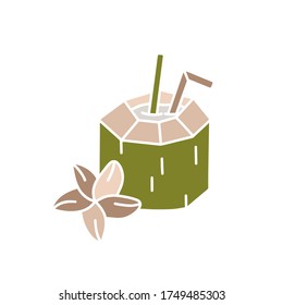 Young green coconut with straw, flower. Color hand drawn exotic drink, tropical cocktail, coco milk. Image for Pina Colada National Day. Cutout silhouette vector, flat illustration on white background