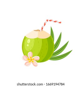 Young green coconut water drink. Vector illustration cartoon flat icon isolated on white.