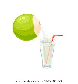 Young green coconut water pouring into glass with straw. Vector illustration cartoon flat icon isolated on white.