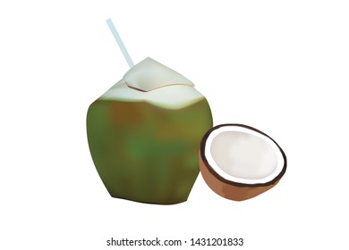 Young green coconut. Green whole coconut with piece on white background. Vector illustration 