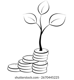 A young green plant growing from a stack of coins, symbolizing financial growth and investment