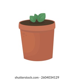 Young green plant seedling with fresh leaves growing in a terracotta flower pot. Gardening element. For spring planting, farming, eco lifestyle. Vector illustration on white background