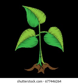 Young green plant sprout embroidery stitches imitation. Vector embroidery fashion sprout on black background.