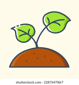 Young green seedling in the soil color icon. Set of icons on the theme of gardening and agriculture. Ecology and environmental improvement. Vector stylish illustrations on light yellow background.