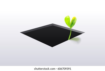 Young green sprout grow from the bottom isolated oh white background. Closeup. New life concept. Vector illustration