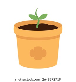 Young green sprout growing in flower pot. Vector illustration for use in concepts related to gardening, eco-friendly living, springtime